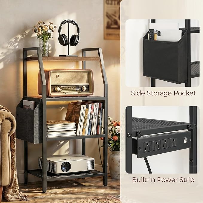 MAHANCRIS 4-Tier AV Media Stand with Power Outlet & LED Lights, Game Console Shelf with Side Storage Bag, Corner Stereo Stand Rack Audio Tower for Small Video DVD Players Boxes, Rustic Brown MSHR01E01