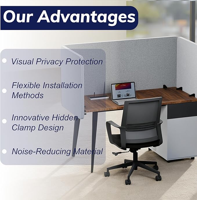 Desk Privacy Panel 24 x 24 Inch, Sound Absorbing & Proof Desk Divider for Office, Clamp-on/Screw-on Acoustic Desk Back Panel Partition, Gray