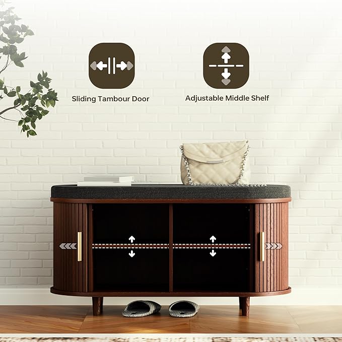 DHH 2-Tier Storage Bench,Wide Shoe Bench with Thickened Padded Seat Cushion, Mid Century Modern Fluted Sliding Door and Adjustable Shelf, for Entryway, Living Room, Bedroom (Walnut, 35.4“)