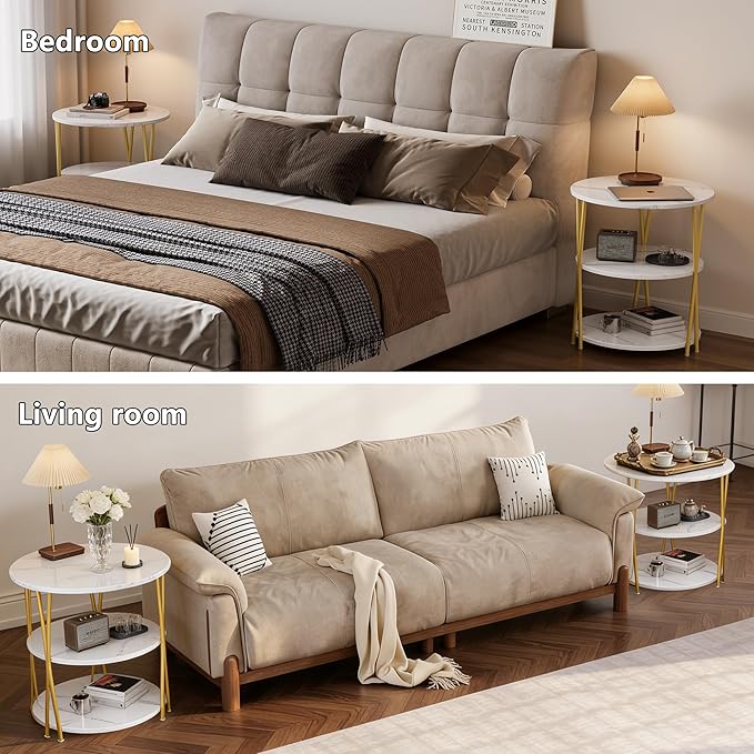 23 Inch Round Side Table 3-Tier End Table Living Room Small Patio Table Nightstands Round Coffee Table Spacious Top for Couch Bedroom 3 Storage Shelves Accent Coffee Table, Marble White