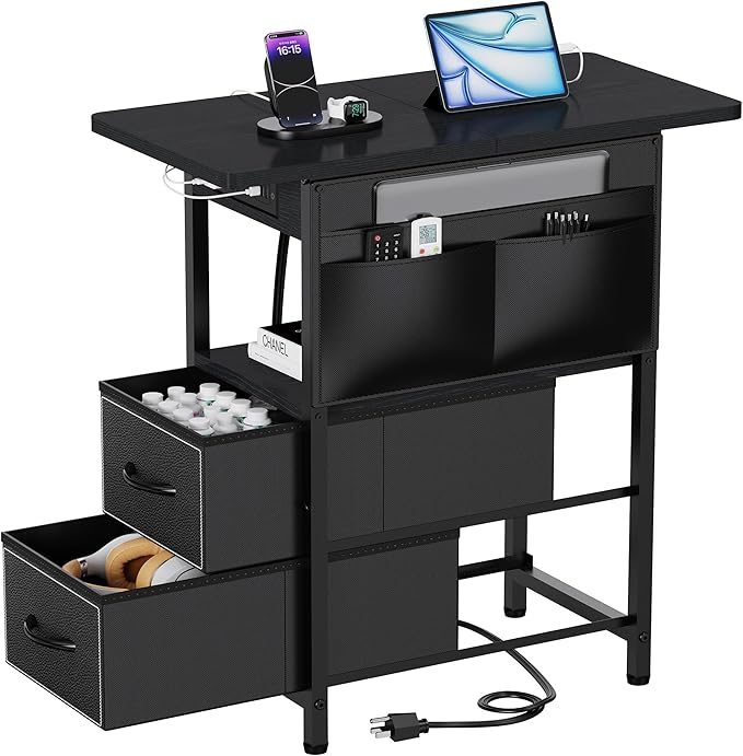 Yenlure Small Side Table with Charging Station, Narrow Nightstand Bedside Tables with Storage Pocket for Living Room Bedroom, Sofa End Table with USB Ports and Power Outlets for Small Spaces