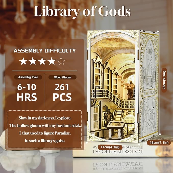 MiniCity Book Nook Kit, DIY Miniature Dollhouse Booknook Kit, 3D Wooden Puzzle Bookend Bookshelf Insert Decor with LED Light for Teens and Adults (Library of Gods)