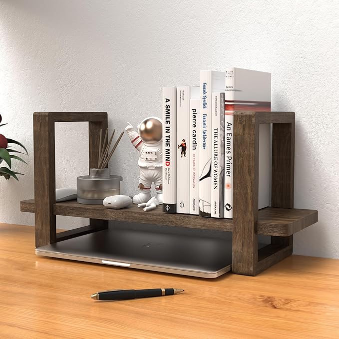 Small Bookend-Type Desktop Bookshelf – Rustic Handmade Vintage Style, Loose-Fit Reversible Organizer | Easily-Adjustable Desk Shelf for Home, Class, Dorm | Carbonzied Paulownia Solid Wood
