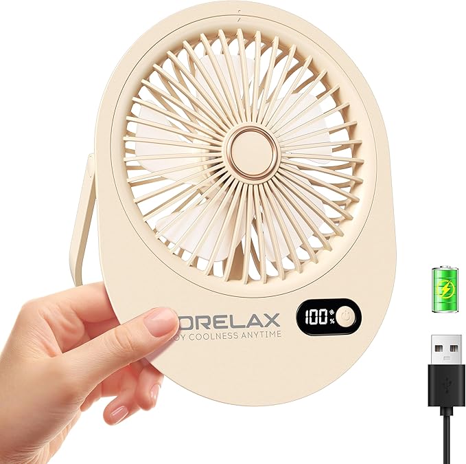 USB Desk Fan, Rechargeable Small Quiet Portable Fan, 180° Folding 6 Speeds Strong Wind Table Fans with Brushless Motor, Mini Desktop Personal Fan for Office/Bedroom, Gifts for Women/Men/girls (Beige)