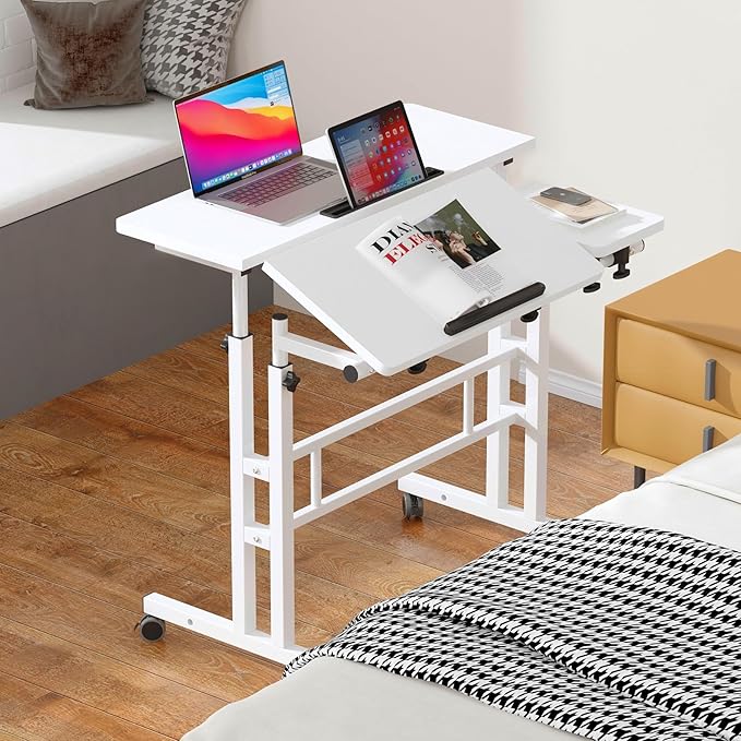 sogesfurniture Rolling Mobile Desk with Cup Holder, Portable, Adjustable Height Small Stand up Desk on Wheels for Home Office Laptop Cart for Standing or Sitting (Basic White)