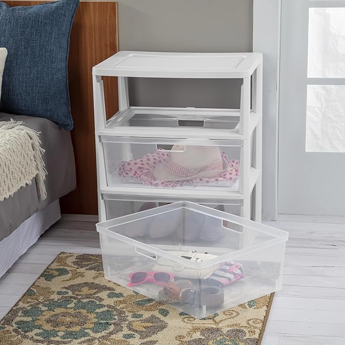 Plastic Drawer Wide Tower Plastic Storage Cart with Clear Pull Out Drawers, Black (White, 3 Drawer Wide Tower Broad)