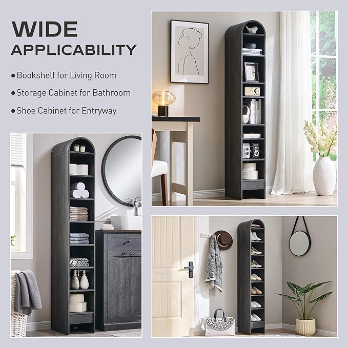 IFGET 67" Tall Arched Bookshelf, 8 Tiers Arch Bookcase with Storage, Modern Farmhouse Book Shelf with Adjustable Shelves, Wood Bookshelf w/Open Display Shelves for Living Room, Office (Dark Grey)