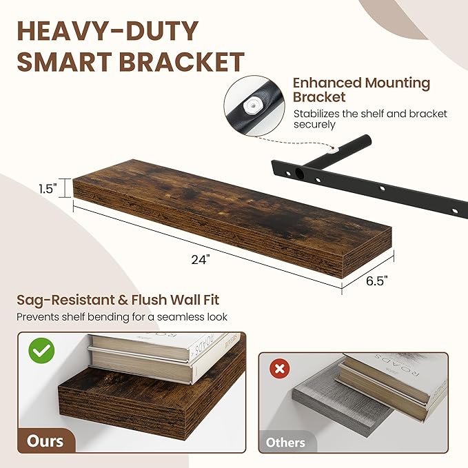 Acovy 24 Inch Floating Shelves for Wall 2 Pack, 24" Wall Shelves for Books, Storage, Decor, Wall Mounted Floating Shelf with Invisible Brackets for Kitchen, Living Room, Brown