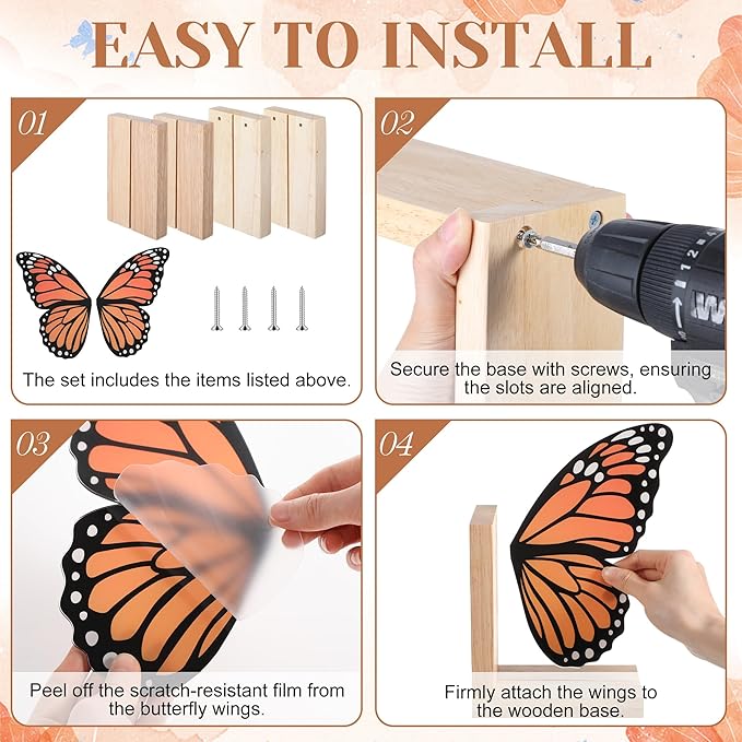Decorative Butterfly Bookends Wooden Acrylic Butterflys Bookend Modern Bookshelf Decor Accent Book Stopper Decor for Home Farmhouse Shelves Office Lover Gift (Monarch Butterfly)