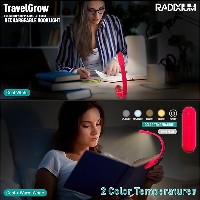 Slim Rechargeable Book Reading Light, Eye Caring LED with 4 Color Temperatures, Portable Clip on Book Light for Reading in Bed & Travelling. Prefect Elegant White Gift for Book Lover.(Pink)