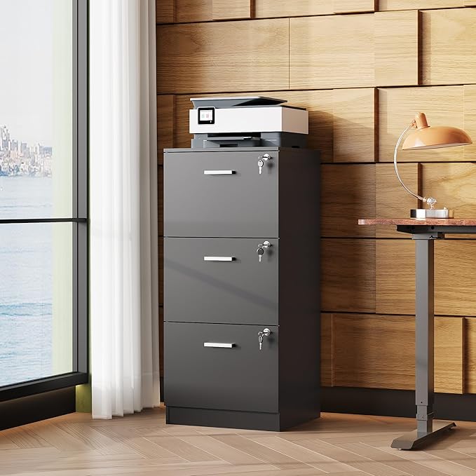 DEVAISE 3 Drawer File Cabinet, Vertical Wood Filing Cabinet with Lock for Home Office, Printer Stand for Letter and A4 Size, Black