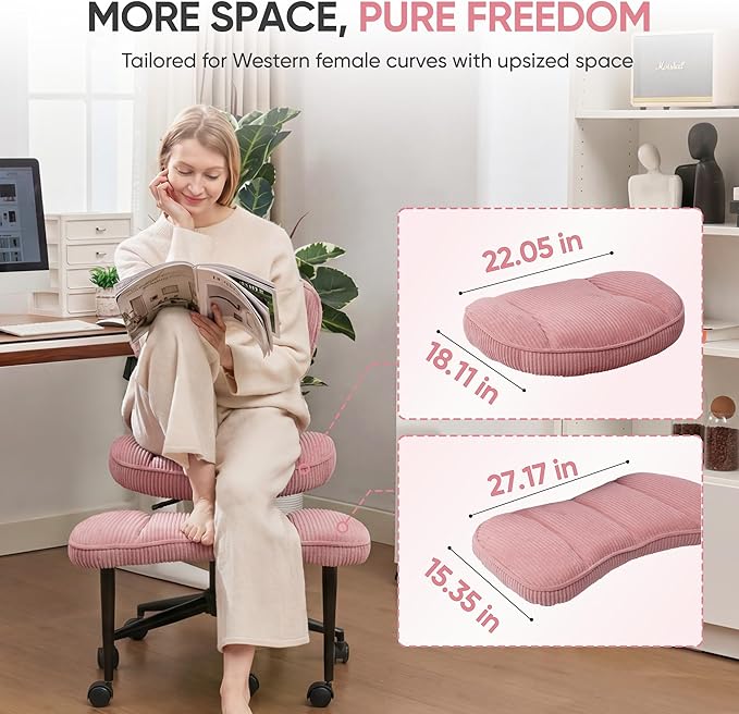 Criss Cross Office Chair with Wheels, Adjustable-Height Backrest & Swivel Footrest, Ergonomic Cross Legged Office Chair with Leg Rest for Kneeling Meditation Yoga ADHD (Pink Canvas)