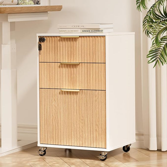 3 Drawers Fluted Mobile File Cabinet with Lock, Rolling File Cabinet Printer Stand Table, Under Desk Wooden Filing Cabinets for Home Office Essentials Storage Organization Furniture Letters/A4(Oak)