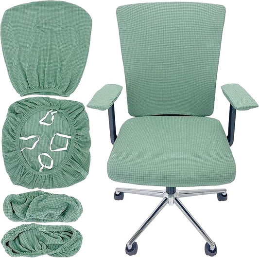 4Pcs Office Chair Covers Stretchable Set Desk Chair Cover Computer Chair Cover with 4 Non-Slip Elastic Straps Protective Armrest Slipcovers Pads Backrest Cushion for Rotating Chair (Green)