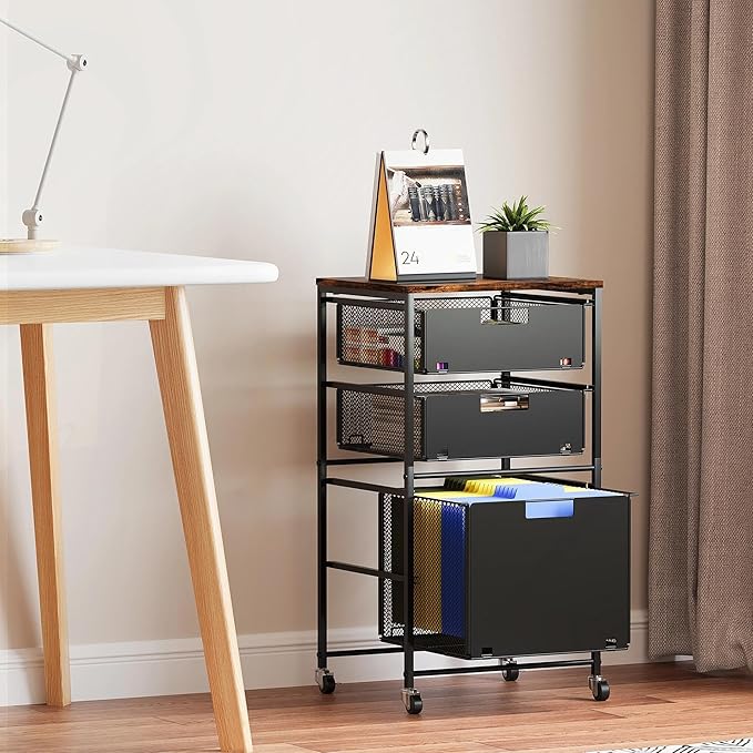 EasyPAG Rolling Storage Cart with 3 Drawers, Under Desk File Cabinet on Lockable Wheels, Movable Letter Size Hanging File Folder Organizer with Wooden Printer Stand for Home Office, Black