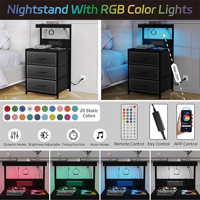 SZLHANJZ LED Nightstand Set of 2, Night Stand with 3 Drawers and Type C Charging Station, Storage End Table with Shelf and Hooks, Large Bedside Table for Dorm Bedroom, Black