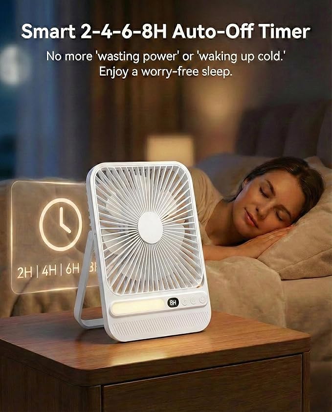 7-Inch Portable Travel Fan, Cruise Ship Approved, 28H 8000mAh Ultra-Thin Quiet Rechargeable Battery Operated Desk Fan with Timer & LED Display for Bedroom, Office, Camping