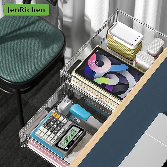 2 Pack Under Desk Drawer Slide Out, Self Adhesive Under Desk Drawers Large 9.5" and Small 8.3" Under Table Hidden Storage Drawer Stick on Drawers Desk Accessories & Workspace Organziers Black