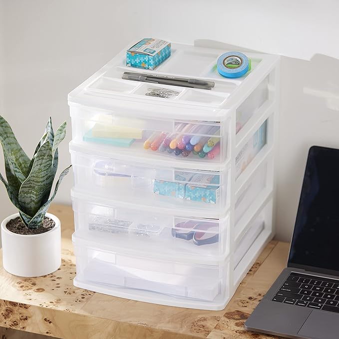 Gracious Living 4 Drawer Desktop & Countertop Organizer w/Organization Lid for Craft Storage, Office Supplies & School Supplies, White/Clear (3 Pack)