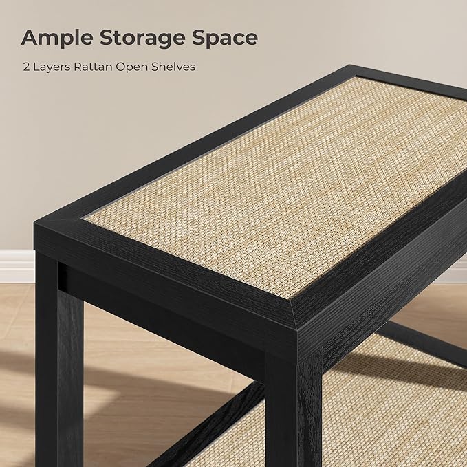 SICOTAS Rattan Nightstands Set of 2 - Boho Shelf Bedside Tables Narrow End Table Living Room Set of 2 Side Table with Rattan Storage Shelves for Small Space - Black Oak