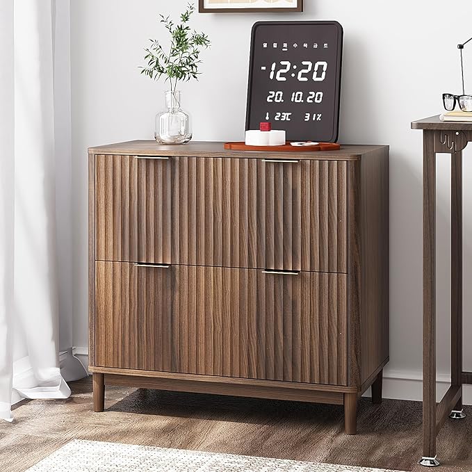 VINGLI 2 Drawer File Cabinet, Home Office Filing Organizer, for Letter Legal A4 Size File Folder Storage, Modern Style Fluted Design, Wood Lateral Filing Cabinet, Printer Stand, Dark Walnut