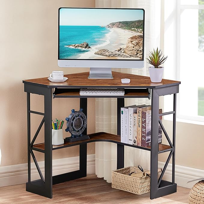 VECELO Corner Desk Computer Desk Writing Table with Smooth Keyboard Tray & Storage Shelves,Compact Home Office Triangle Table,Teak