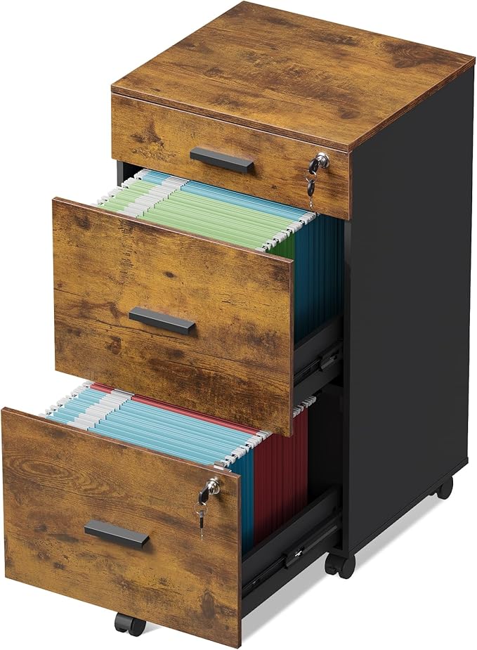 DEVAISE 3 Drawer Rolling File Cabinet with Lock, Wood Filing Cabinet fits Letter / A4 Size for Home Office, Rustic Brown
