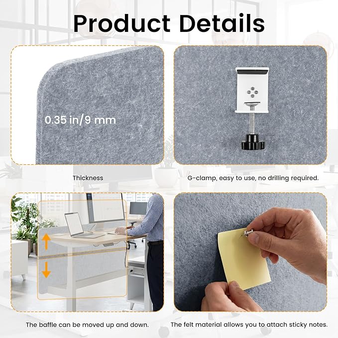 Desk Divider, Clamp On Felt Desk Privacy Panels, Acoustic Sound Absorbing Desk Partition for Office Desk, Reduce Distractions, Light Gray, 2 Pack, 24 x 24 in