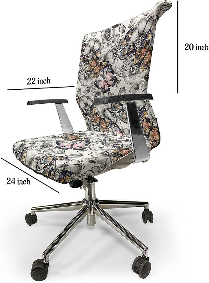 Ambesonne Butterfly Office Chair Cover, Monochrome Floral with Colorful Summer Season Animal Blooming Flowers, Stretchable Decorative Universal Size High Back Printed Slipcover, Pink Orange