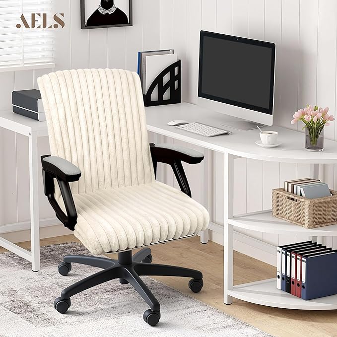 AELS Faux Fur Striped Office Chair Cover, Desk Chair Cover Computer Office Chair Covers - Fits Desk Chair/Armchair, Soft Breathable Fabric - Washable & Removable for Home & Office, Beige