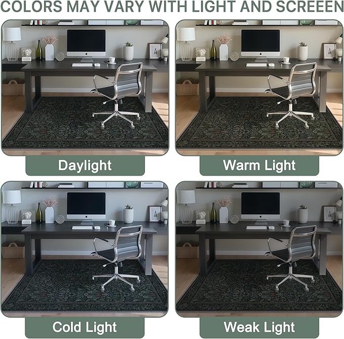 36"x48" Office Chair Mat for Hardwood Tile Floor, Under Desk Carpet Protector for Rolling Computer Chair Mat, Machine Washable Area Rug, Anti-Slip 1/5" Thick Low Pile Thin Vinyl Floor Mat, Dark Green