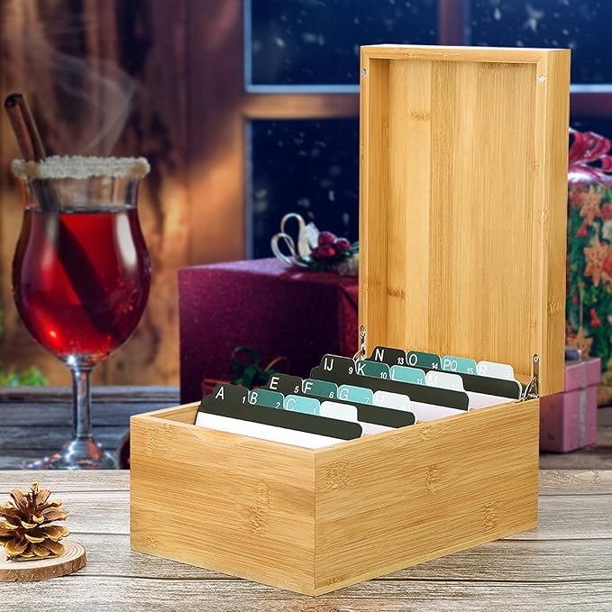 MaxGear Index Card Holder, 4 x 6Inch Wooden Business Card Organizer for Desk with 3 Dividers, Bamboo Index Cards Box with A-Z Tabs Holds 600 Cards for Recipe Flash Storage