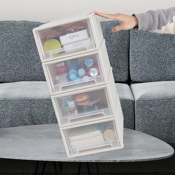 12 Quart Stacking Desktop Drawer Boxes, Plastic Storage Drawer Unit, 4 Pack