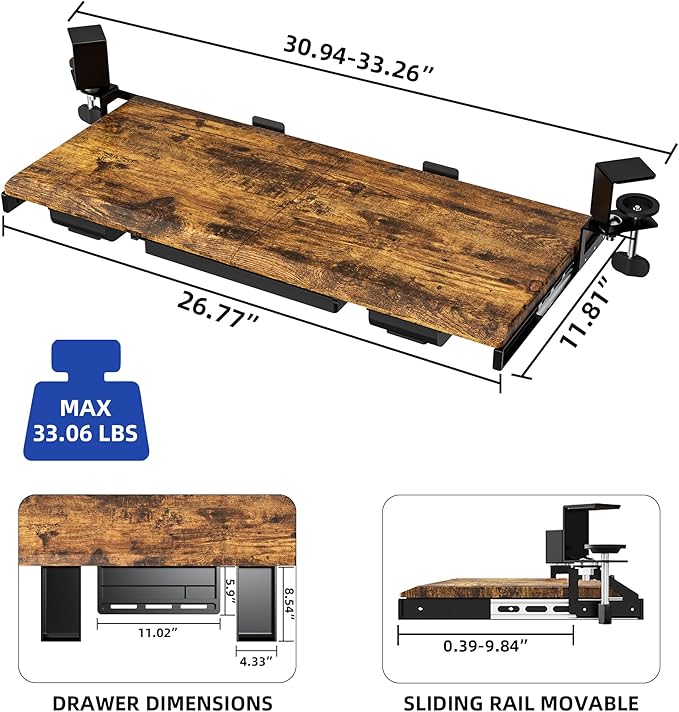 ETHU Keyboard Tray Under Desk, Ergonomic Corner Keyboard Tray with 180° Adjustable C Clamp for L Shape Desk 26.77" X 12.2" Easy to Install, Computer Keyboard Stand for Home and Office(Wood)