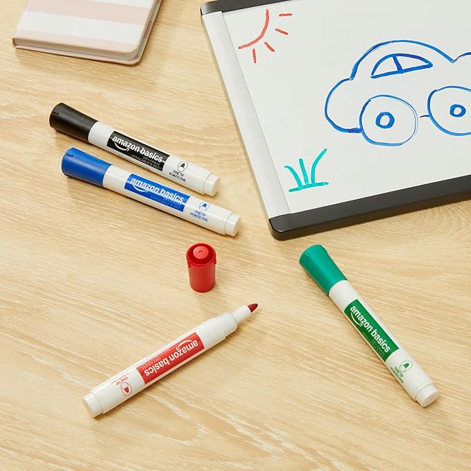 Amazon Basics Low-Odor Dry Erase Whiteboard Markers, Fine Tip, Quick-Dry, 4 Assorted Colors, 36-Pack