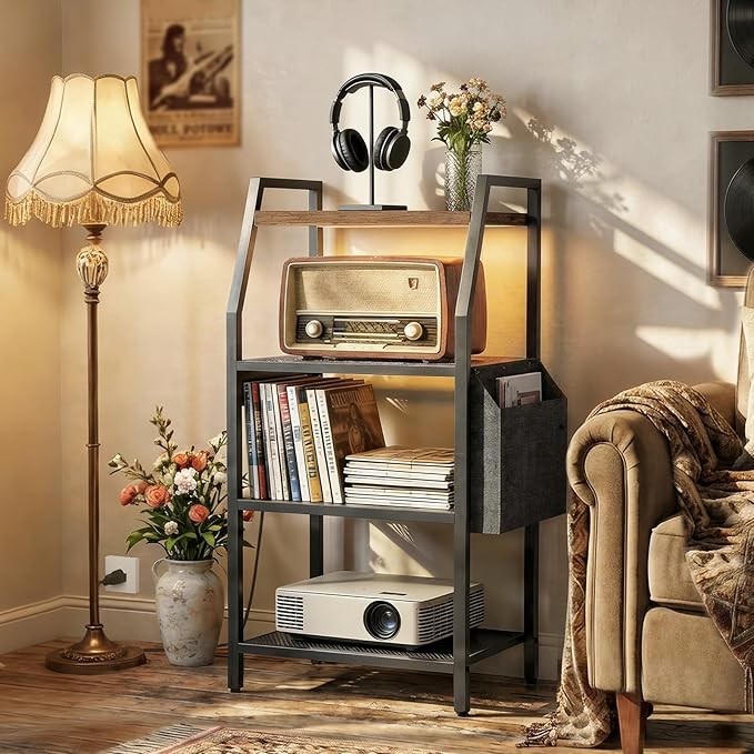 MAHANCRIS 4-Tier AV Media Stand with Power Outlet & LED Lights, Game Console Shelf with Side Storage Bag, Corner Stereo Stand Rack Audio Tower for Small Video DVD Players Boxes, Rustic Brown MSHR01E01