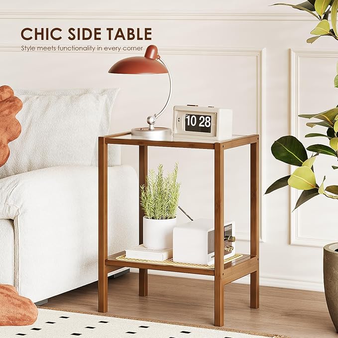 Bamworld Rattan Side Table Living Room Glasstop Night Stand Boho End Table 2-Tier with Storage Mid Century Modern Bedside Table for Small Spaces Narrow Coffee Table Bamboo