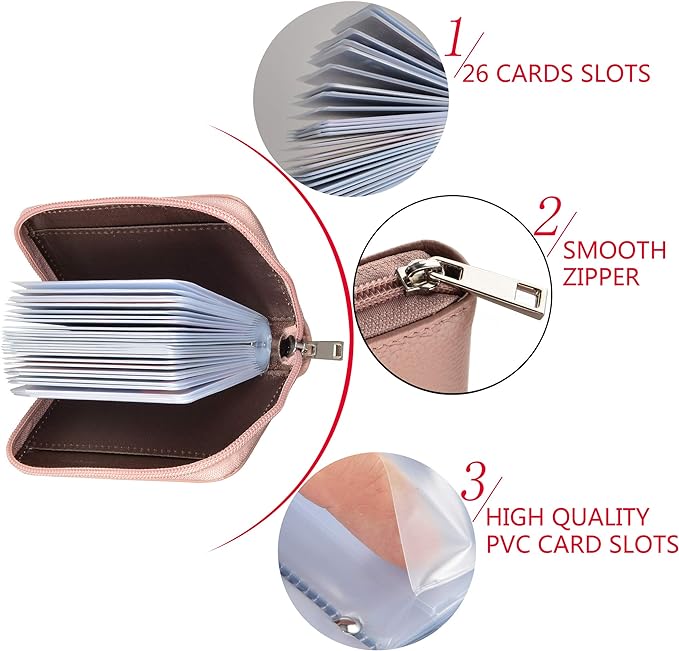 Easyoulife Genuine Leather Credit Card Holder Zipper Wallet With 26 Card Slots