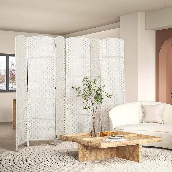 HOMCOM Room Divider 6 Panel, 6FT Tall Folding Privacy Screen, Freestanding Hand-Woven Partition for Room Separation with 360° Hinges, Paper Rope Diamond Weave, White