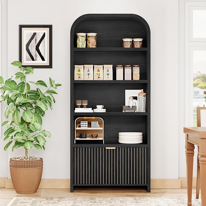 LEVNARY Arched Bookcase with Drawer, 70" Tall 5-Tier Bookshelf with Fluted Carved Drawer, Freestanding Display Storage Cabinet for Living Room Bedroom Home Office (Black)