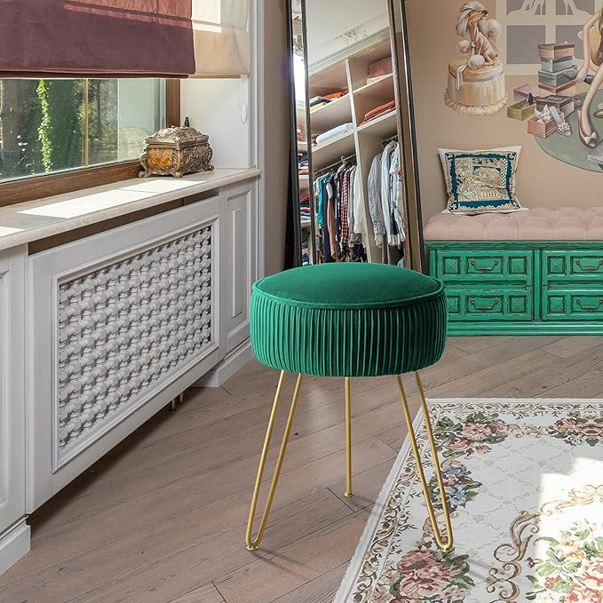 LUE BONA Pleated Vanity Stool, Velvet Upholstered for Makeup Room, Round Mondern Stool for Vanity, Ottoman Footrest with Metal Legs for Living Room, Bedroom, Emerald