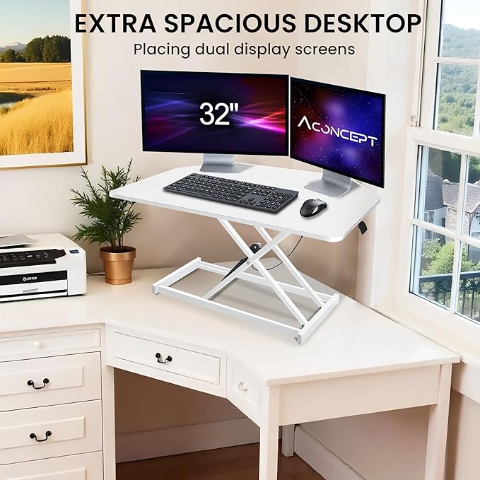 Aconcept 32 inch White Corner Height Adjustable Standing Desk Converter, One-Click Sit to Stand up Desk Riser, Pre-Assembled Dual Monitor and Laptop Workstation
