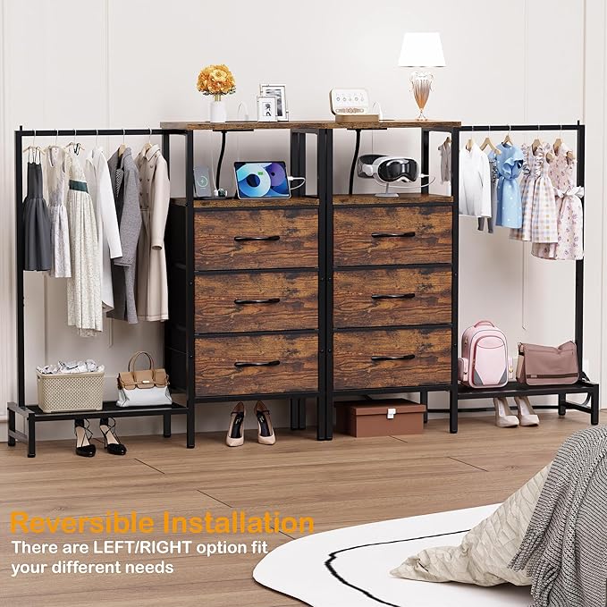 Dresser for Bedroom with Hanging Rack, 3 Drawers Closet with Charging Station, Fabric Chest of Drawers with Clothes Rack, Storage Organzier for Hallway Entryway, Brown