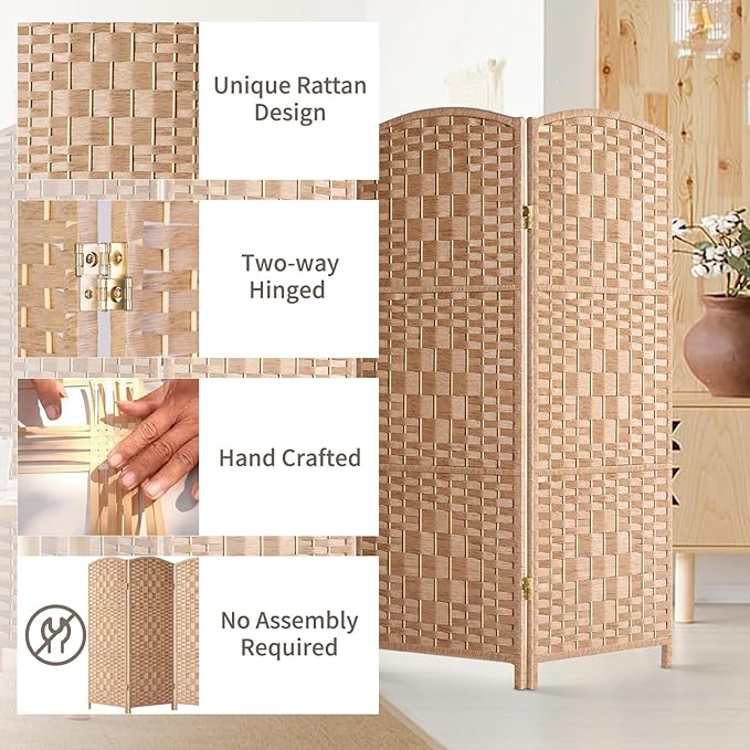 HALLYBEE Small Room Divider, Privacy Screen, Short Room Dividers and Folding Privacy Screens, Foldable Temperary Wall Partitions, 3 Panel Natural Space Separation Separator