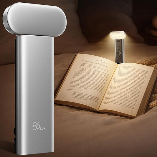 86lux Book Light, Reading Light for Book in Bed, USB Rechargeable LED Night Light with 3 Colors & Stepless Dimming, Aluminum Alloy Bookmark Light for Book Lovers, Silver White