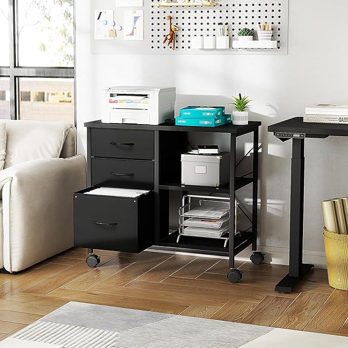 DUMOS File Cabinet, Mobile Storage Cabinet with 3 Drawers and Back Support Bar, Spacious Printer Stand with Storage Supporting 198 lbs for Home Office, Black