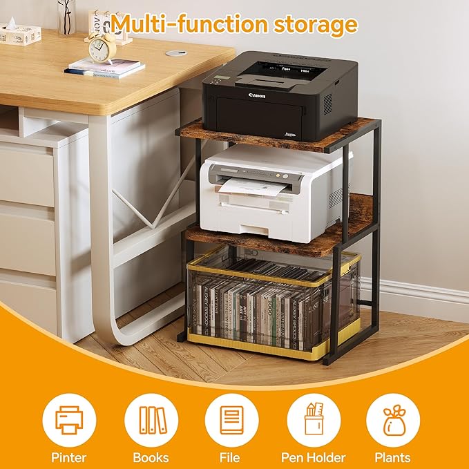 Homeiju 3-Tier Desk Shelf Printer Stand with Storage, Heavy Duty Metal Frame Wood Top Organizer for Home Office, Holds Up to 50lbs, Space-Saving for Home Office, Rustic Brown