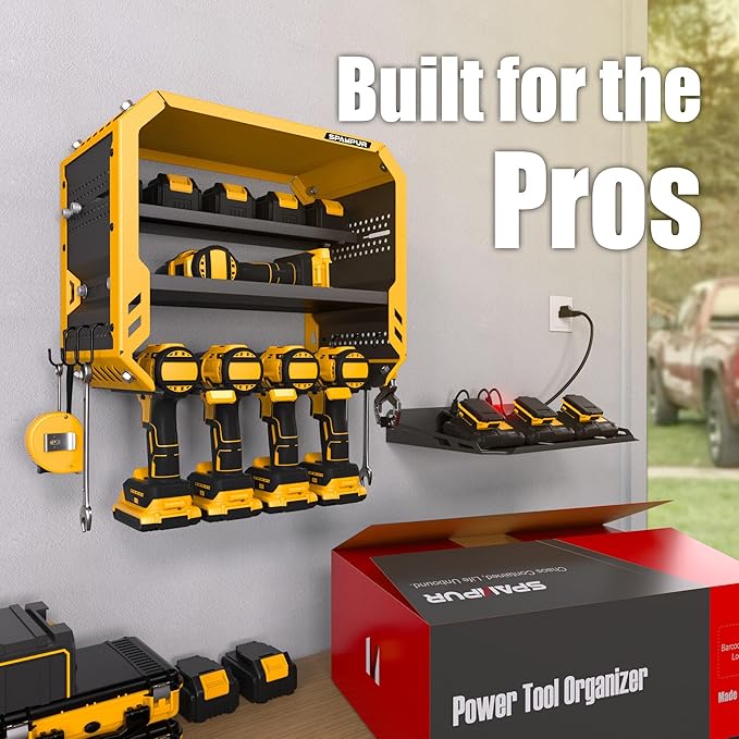 Spampur Tool Organizer Storage Wall Mount, Tool Shelves Drill Holder for Men, Metal Sturdy Steel Rack Saves Space in Workshop/Garage Organizes Power Tools, Screwdrivers, Gadgets, Floating Shelving