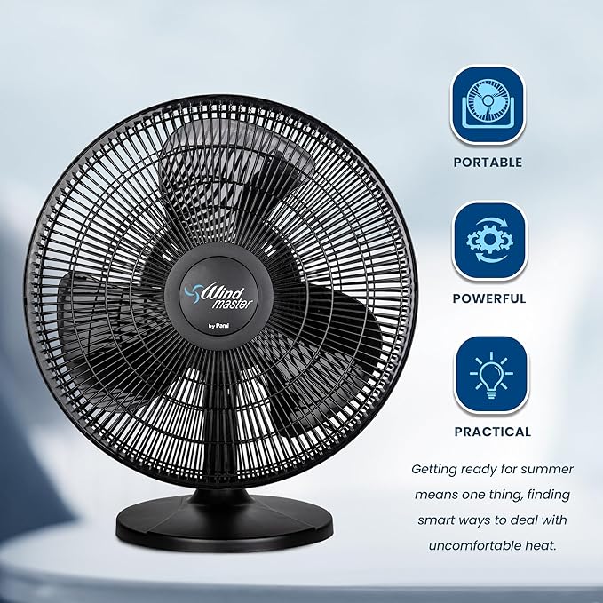 PAMI Oscillating Desk Fan - Portable Table Top Fan With 3 Speed Levels, Large Blades & Adjustable Tilt- Max Air Flow Office Desk Fan- Electric Cooling Fan For Bedroom Home Dorm Office (Black, 12'')