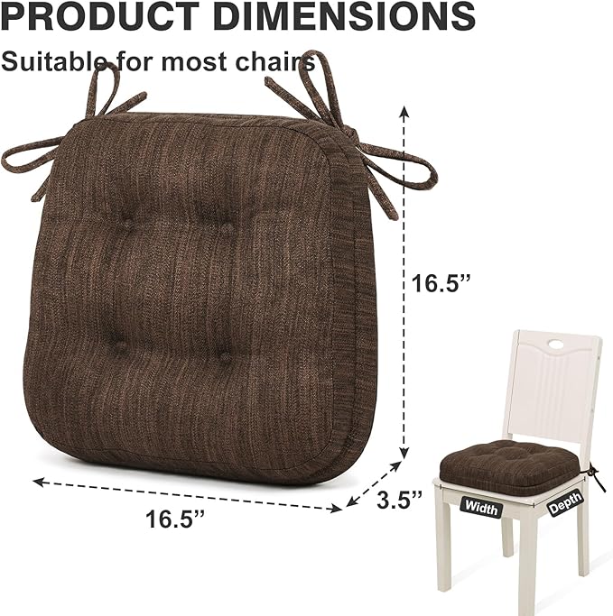 Shinnwa Dining Chair Cushions Set of 2, Dual-Layer Memory Foam Kitchen Chair Cushions, Patented Design Seat Pads with Ties, 16.5 x 16.5 x 3.5in, 4 Pack, Dark Brown